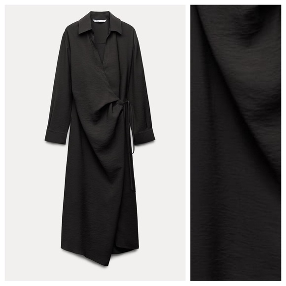 NWT. Zara ZW COLLECTION Anthracite Grey Viscose +Wrap Midi Shirtdress. Size L. - Picture 4 of 11